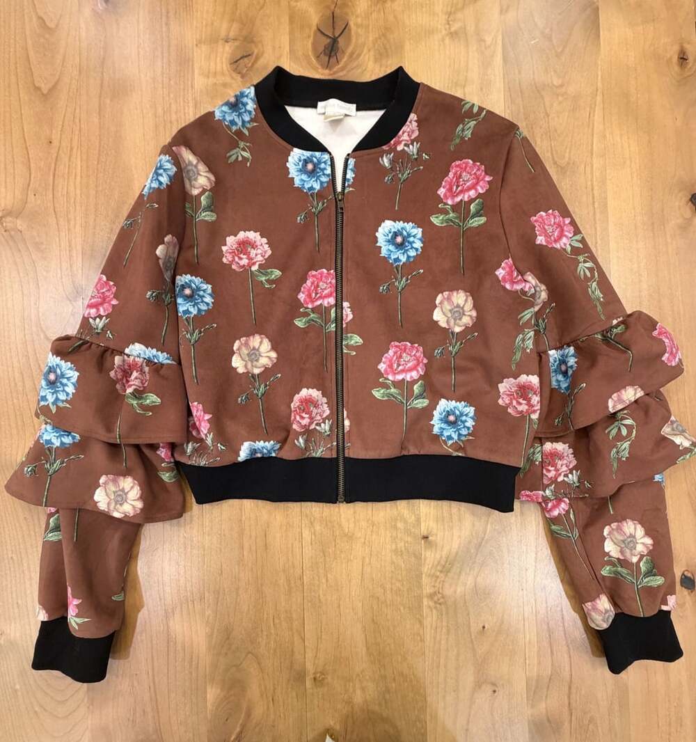 Jealous Tomato Floral Ruffle Sleeve Bomber Jacket XL